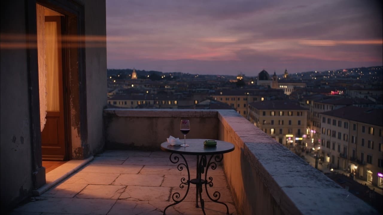 A terrace over a city at dusk