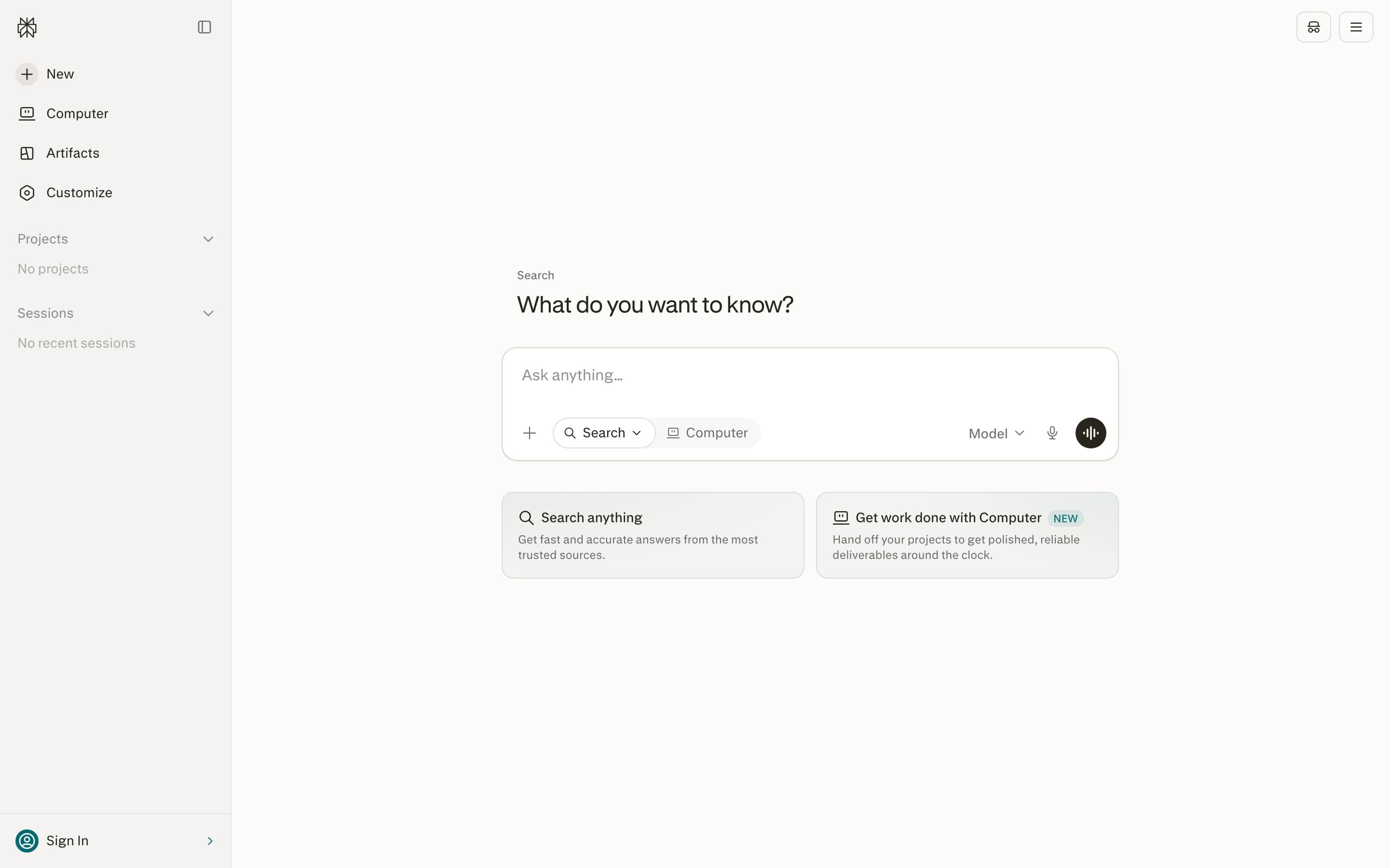 The Perplexity homepage