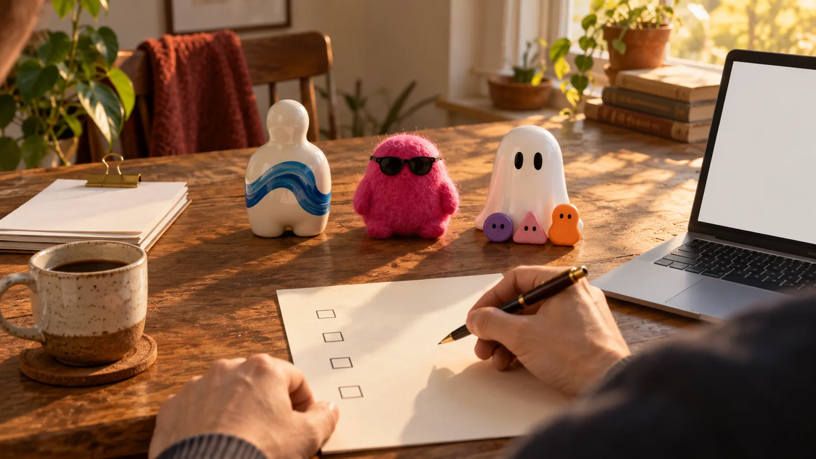 A solo founder at a sunlit wooden desk with a pen over a blank checklist, interviewing three small figurines: a ceramic figure painted with a blue wave, a fuzzy pink felt blob in sunglasses, and a glossy white ghost with tiny coloured shape-bots at its feet.