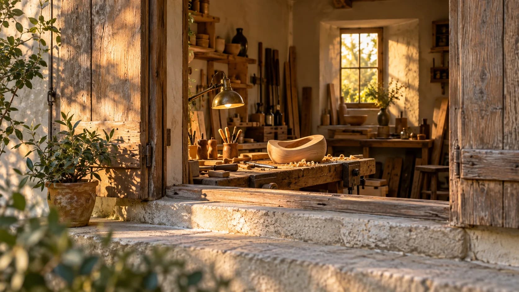 A small wooden workshop seen from the street through open shutters at golden hour, with a half-finished carving on the workbench.
