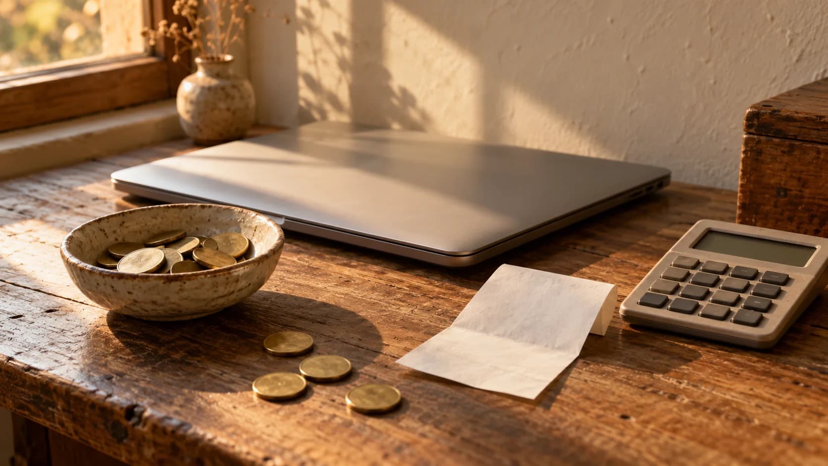 A ceramic dish of brass tokens on a wooden desk beside a closed laptop, a blank receipt and a calculator, in warm afternoon light.