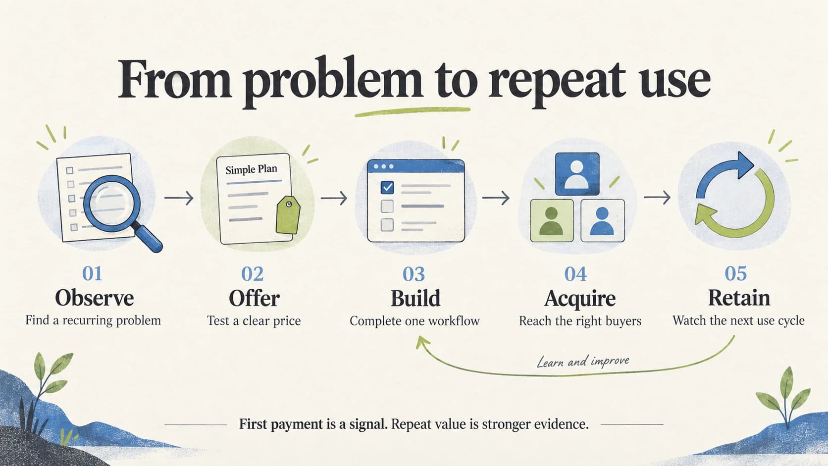 Five stages: observe a recurring problem, test an offer, build one workflow, acquire buyers, and watch repeat use.