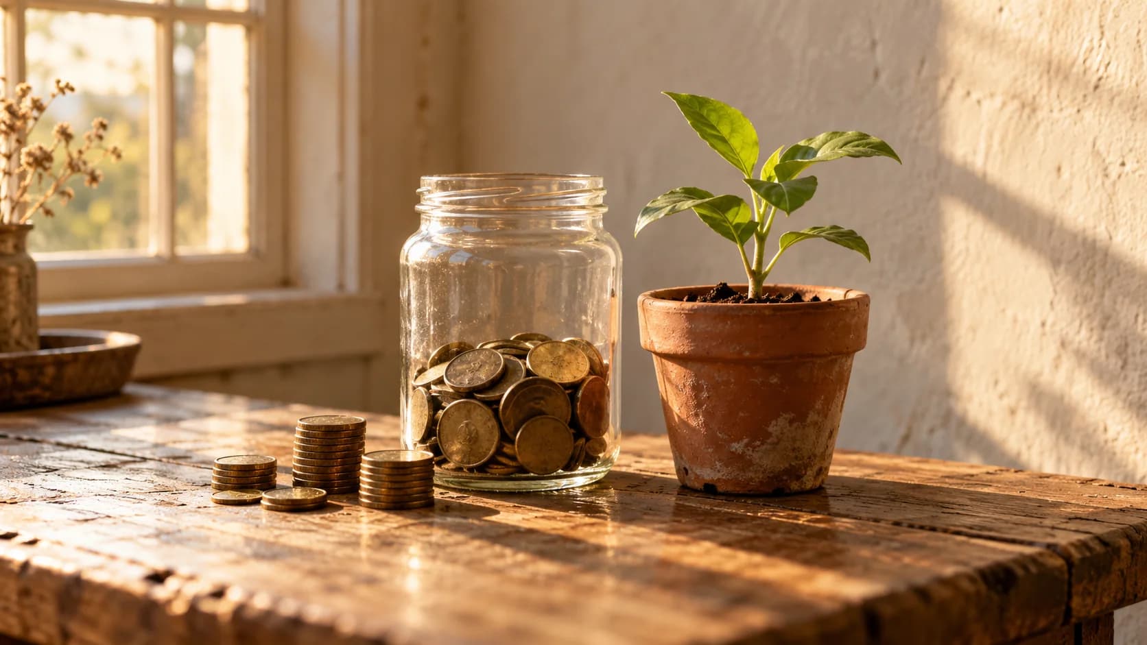 A glass jar of brass coins on a wooden table beside small stacks of coins and a seedling in a terracotta pot, in warm afternoon light.