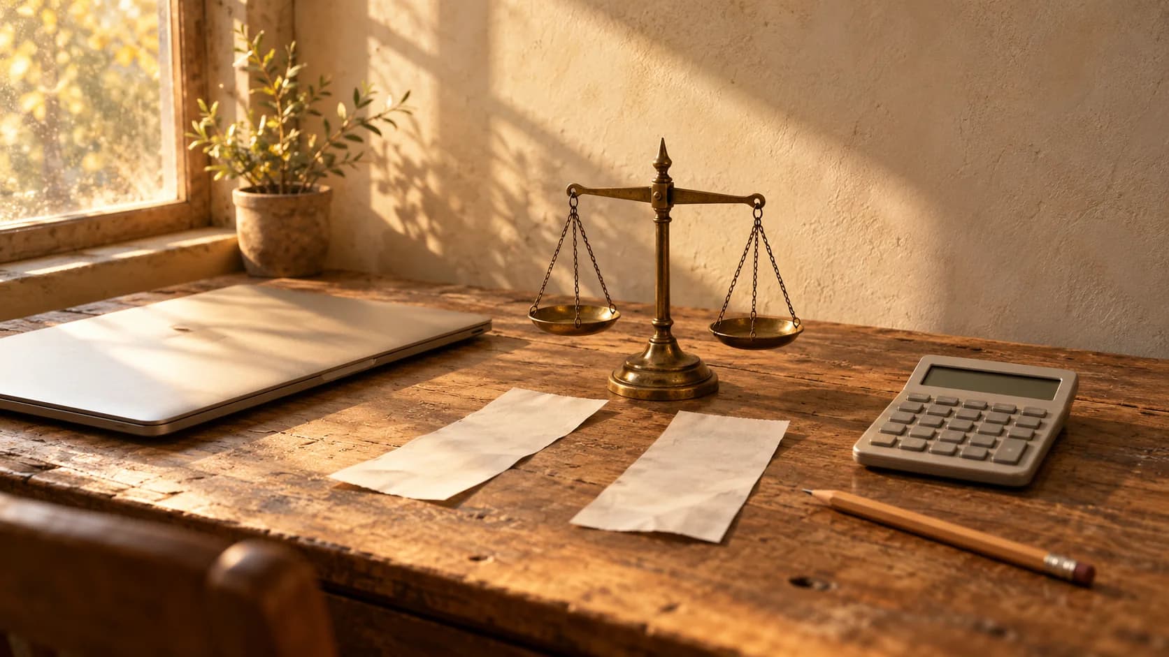 Two paper receipts on an old wooden desk beside a small brass balance scale, a closed laptop and a calculator, in warm afternoon light.