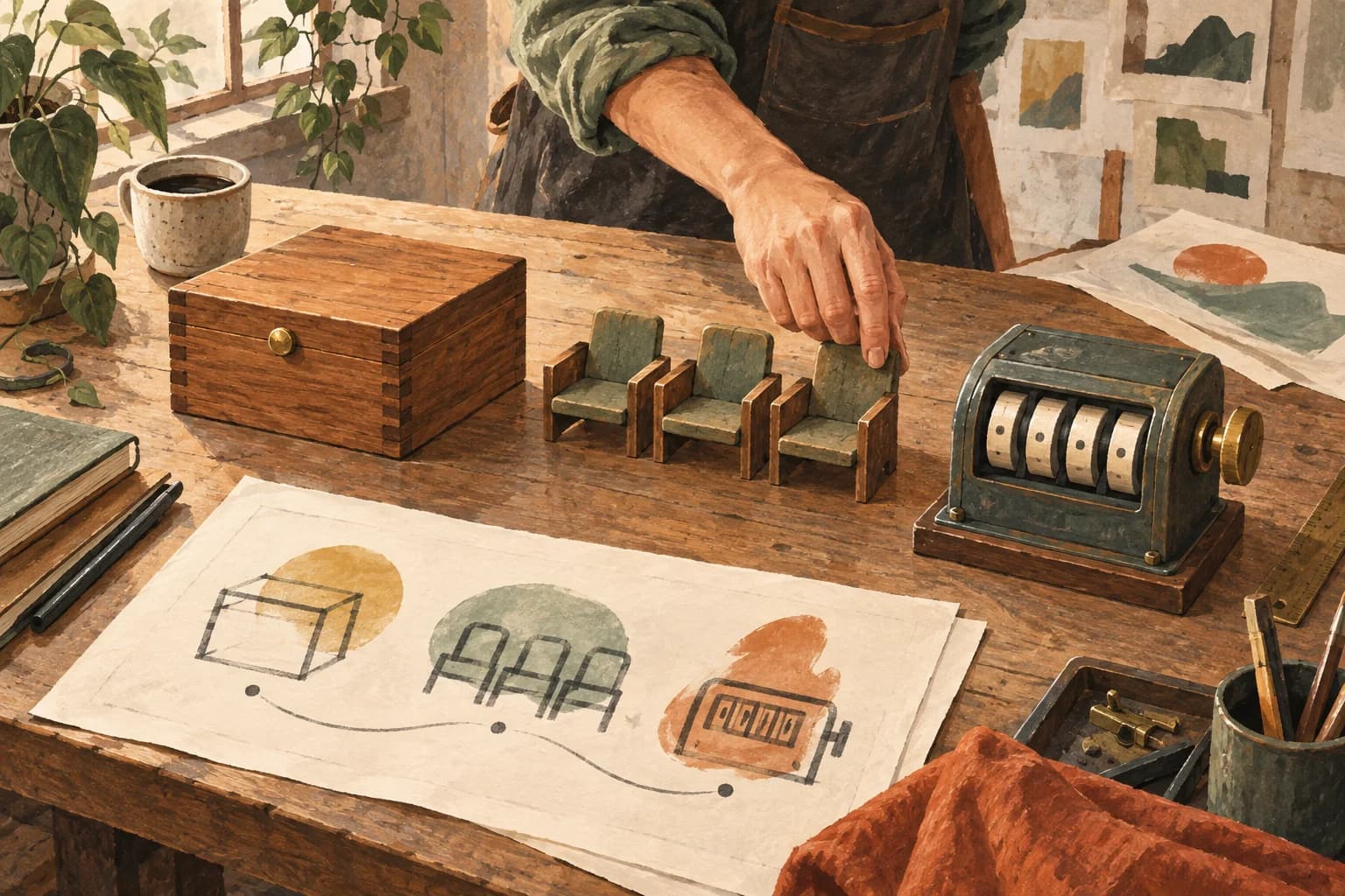 A wooden box, miniature seats, and a usage meter represent different ways to price software.