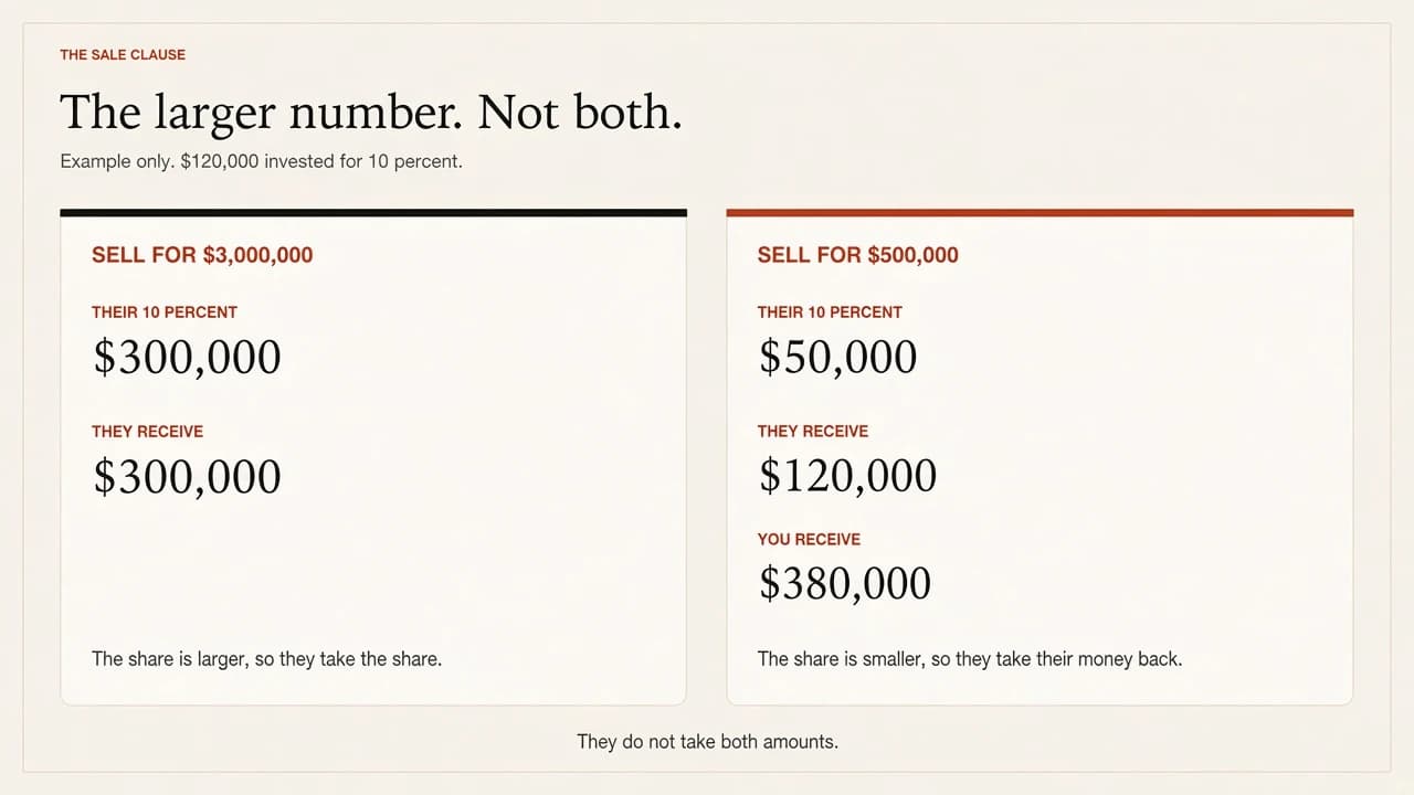 Sale clause example for $120,000 invested at 10 percent. A $3,000,000 sale pays them $300,000, the share. A $500,000 sale pays them $120,000 back and you $380,000. They do not take both amounts.