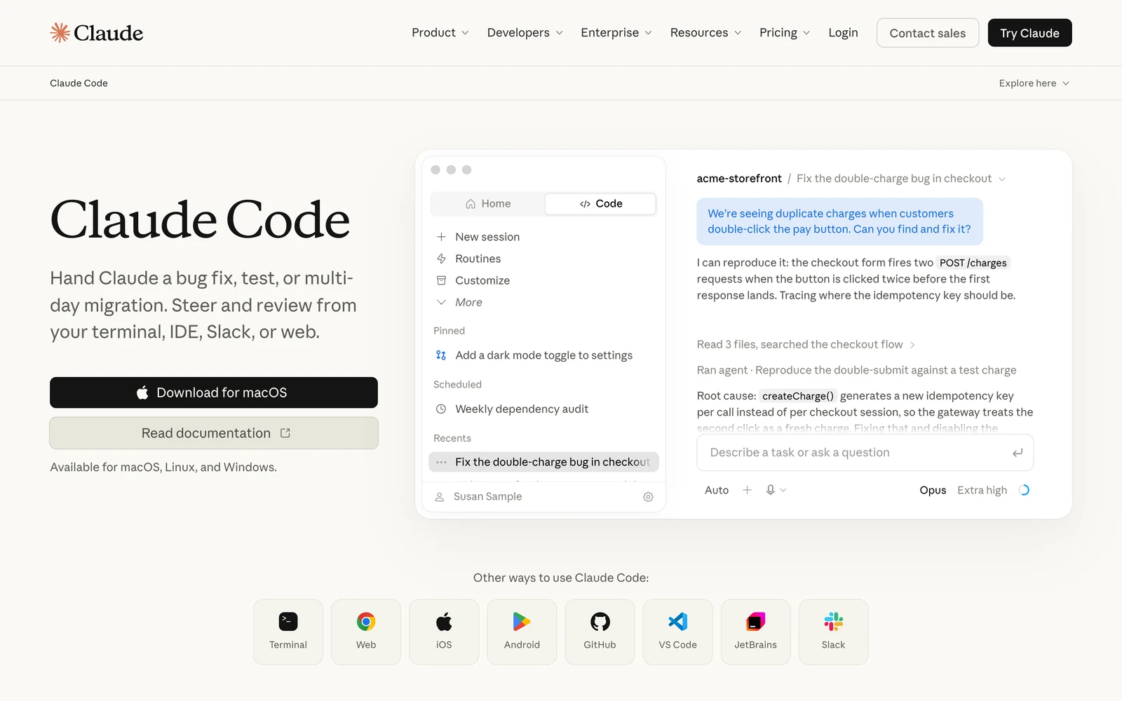 Screenshot of Anthropic's Claude Code product page: the headline Claude Code, the line 'Hand Claude a bug fix, test, or multi-day migration. Steer and review from your terminal, IDE, Slack, or web', a Download for macOS button, an example session fixing a double-charge bug in checkout, and icons for Terminal, Web, iOS, Android, GitHub, VS Code, JetBrains and Slack.