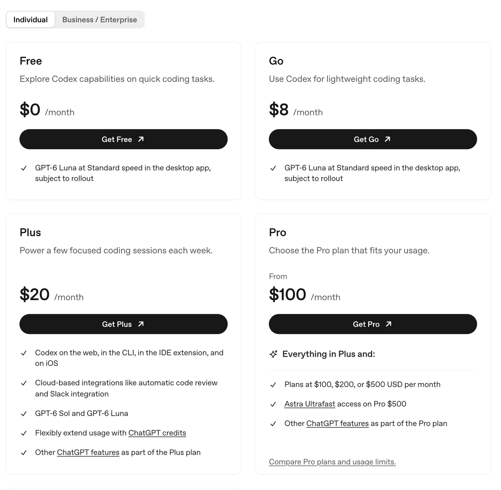 Screenshot of OpenAI's Codex pricing page for individuals: Free at $0 and Go at $8 a month for lightweight tasks; Plus at $20 a month with Codex on the web, CLI, IDE extension and iOS, cloud code review and Slack integration; Pro from $100 a month with plans at $100, $200 or $500.